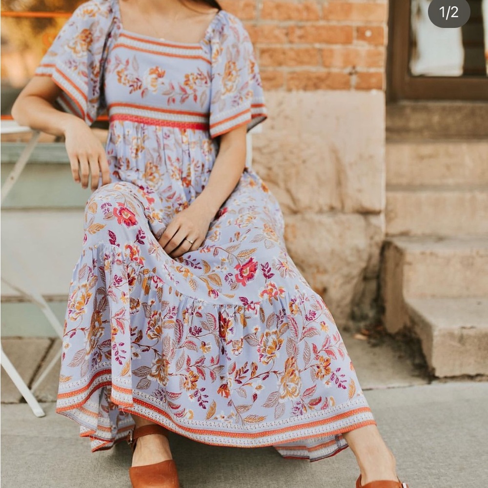 Roolee Lavender Floral Maxi Dress with Pink and Gold Accents